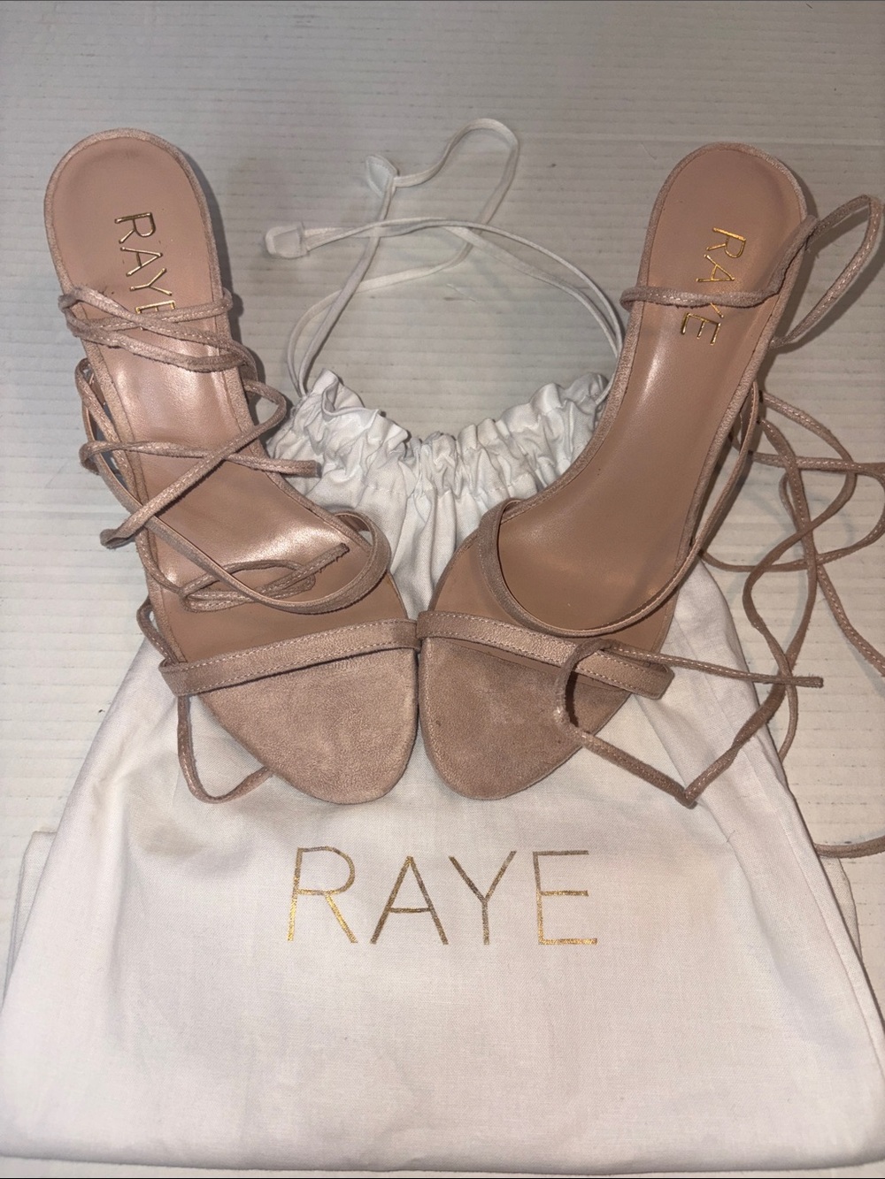 Raye suede lace up strappy high heel sandals blush NWOT 7
